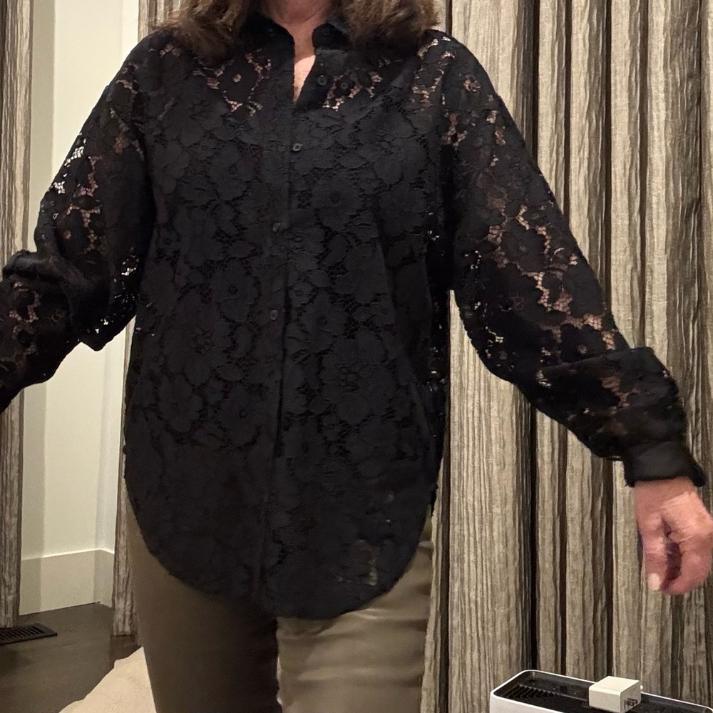 Black Lace Button-Up Blouse
